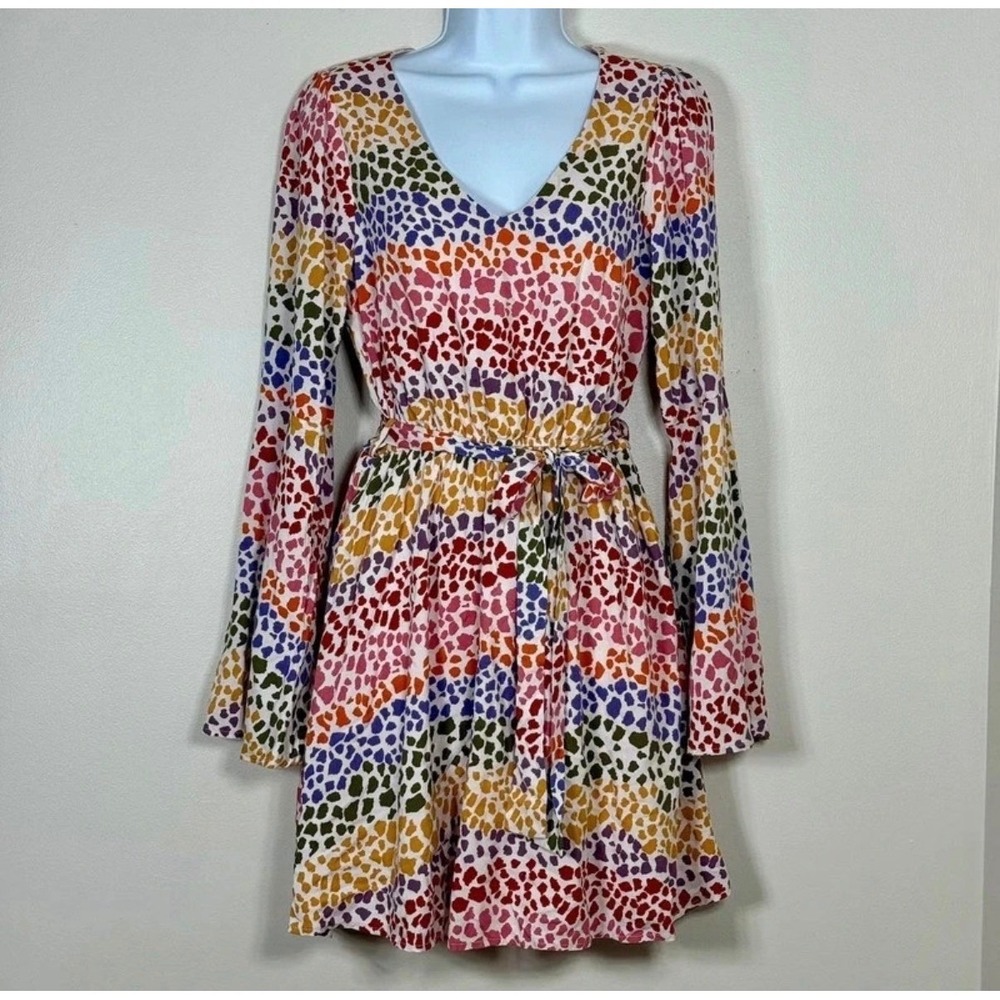 Emily Wonder Womens Rainbow Animal Print Dress Size S Bell Sleeve Festival Boho